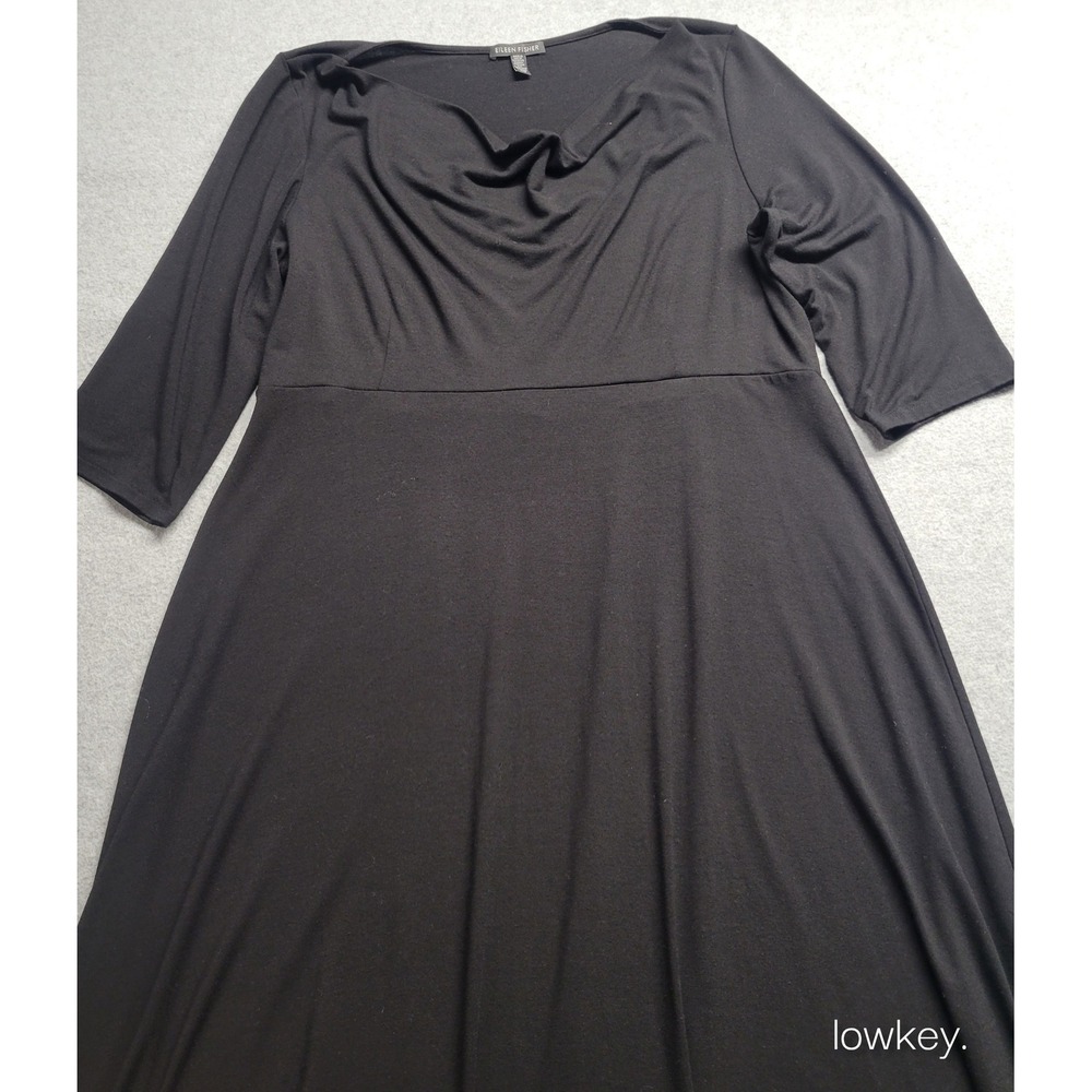 Eileen Fisher Black Viscose Jersey Cowl Neck Empire Waist Midi Dress Large L